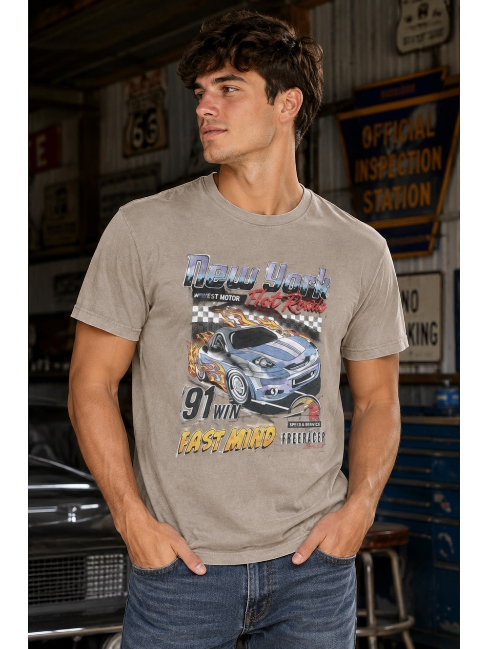 Romwe Men’s Medium Brown Racing Graphic Tee Y2K Streetwear Car T-Shirt Grunge